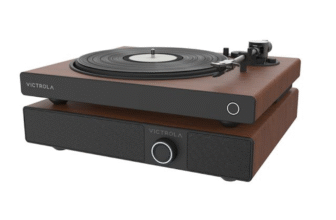 This speaker by Victrola sits beneath turntables and streams audio through Bluetooth